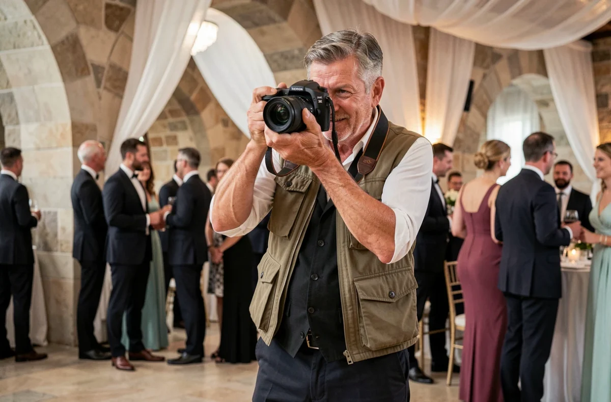 Patrick Peyrard photographiant un reportage événementiel dans une salle de réception avec arches en pierre