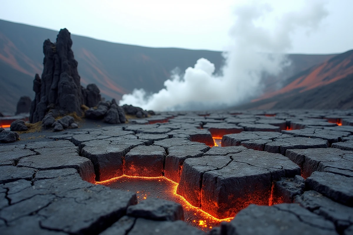 Paysage volcanique grec avec roches basaltiques fissurées et vapeurs sulfureuses s'élevant du sol, rappelant les volcans associés aux forges d'Héphaïstos dans la mythologie grecque