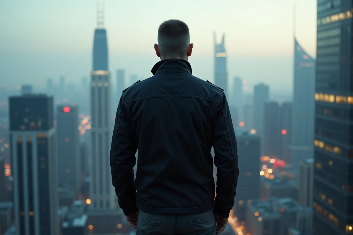 Personnage solitaire et mystérieux sur un toit face à un skyline futuriste, évoquant l'intégration d'un assassin légendaire comme Hit dans l'univers 7 de Dragon Ball Super