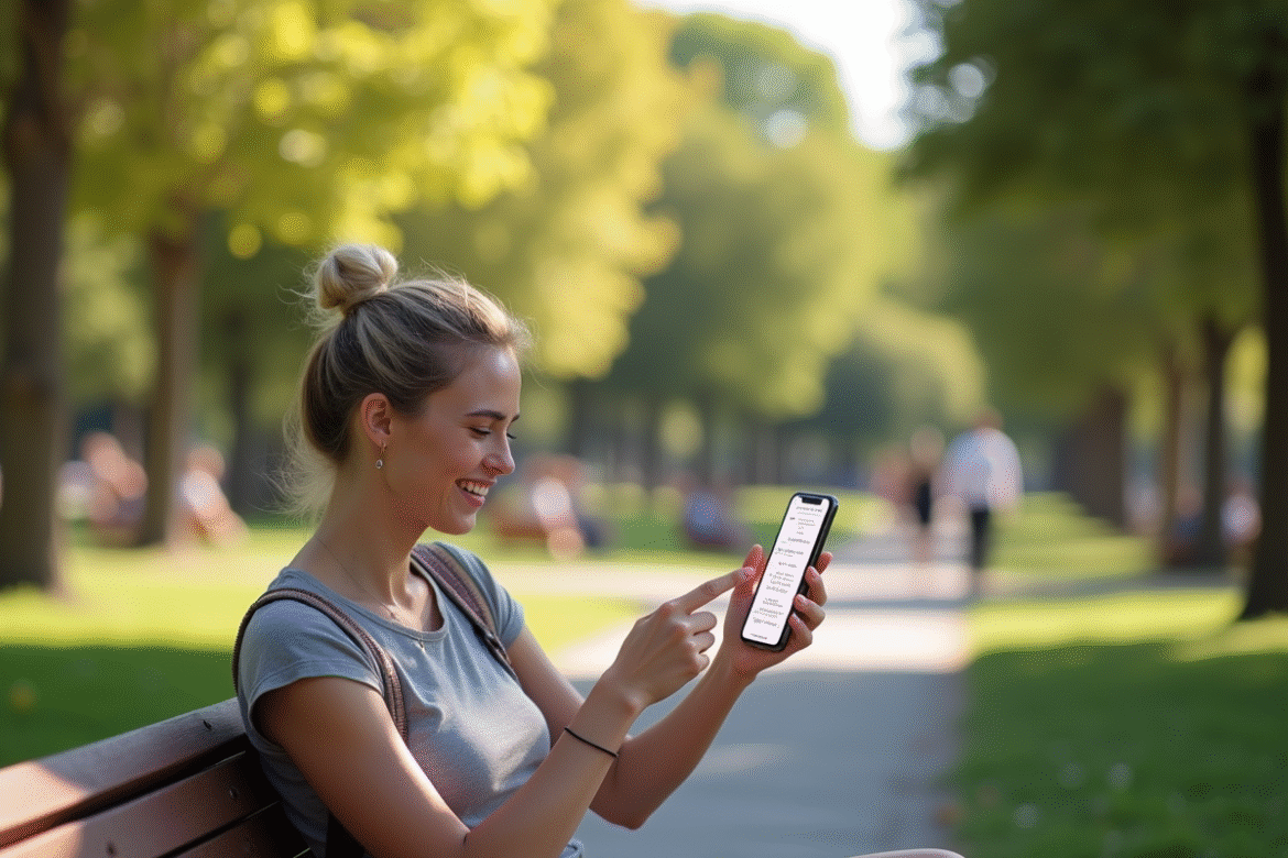Personne souriante utilisant une application de traduction dans un parc