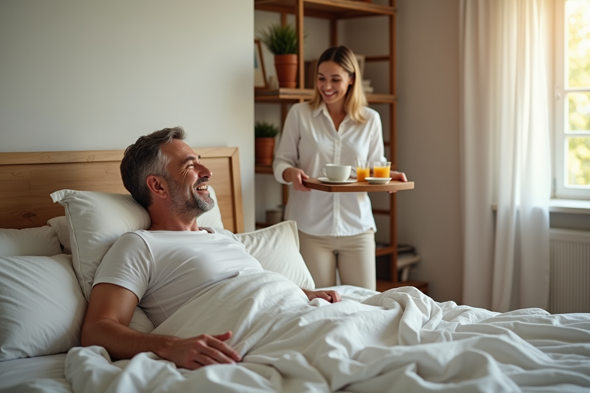 Homme surpris recevant un petit déjeuner de sa partenaire dans une chambre lumineuse