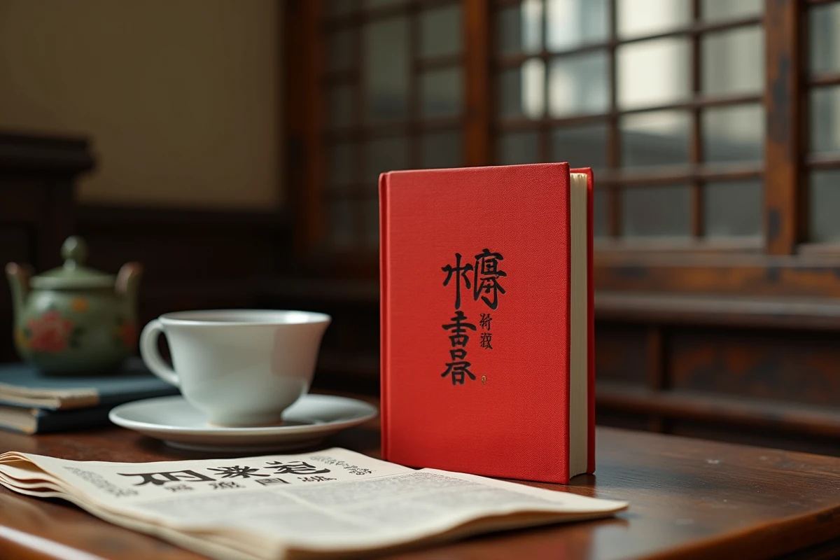 Le Petit Livre Rouge des citations du Président Mao Zedong posé sur un bureau en bois avec une tasse de thé