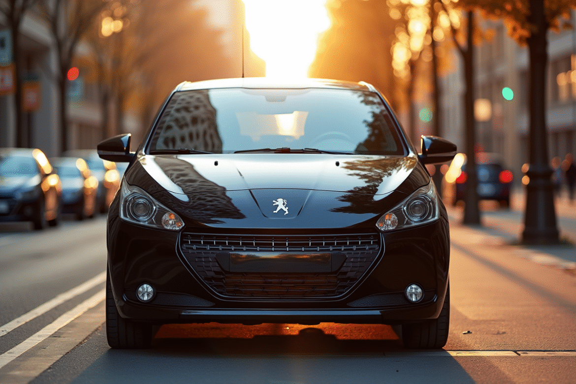Voiture électrique Peugeot 208 moderne en ville lors de l'heure dorée