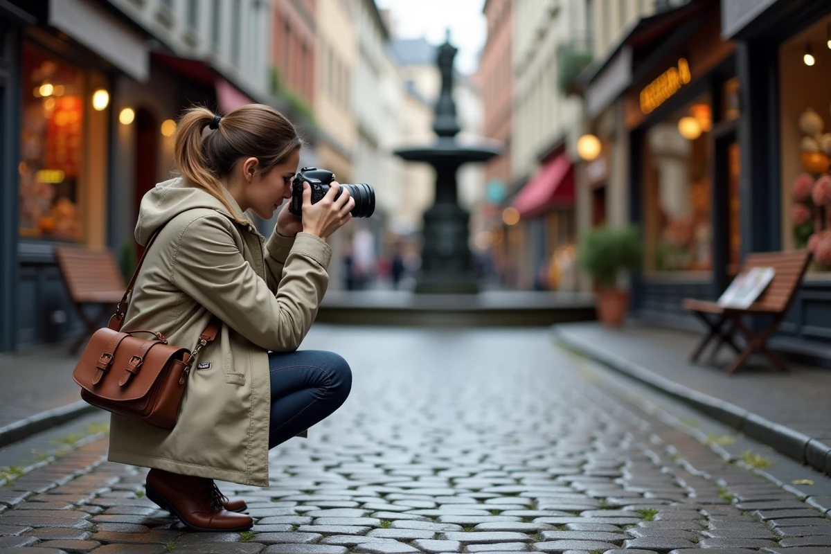 Photographe en train de cadrer le Manneken Pis dans la rue de l'Étuve au cœur de Bruxelles