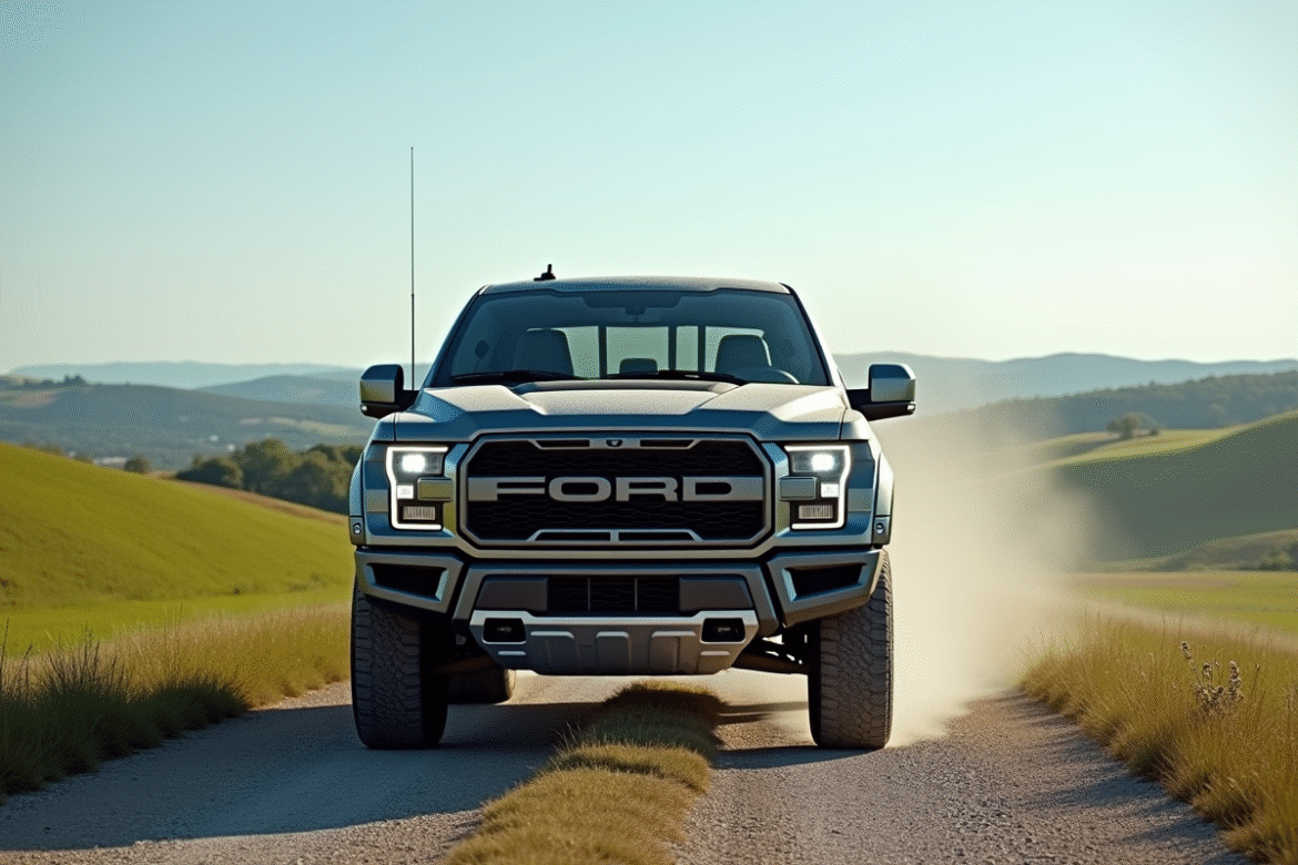 Pick-up 4x4 robuste en campagne avec collines vertes