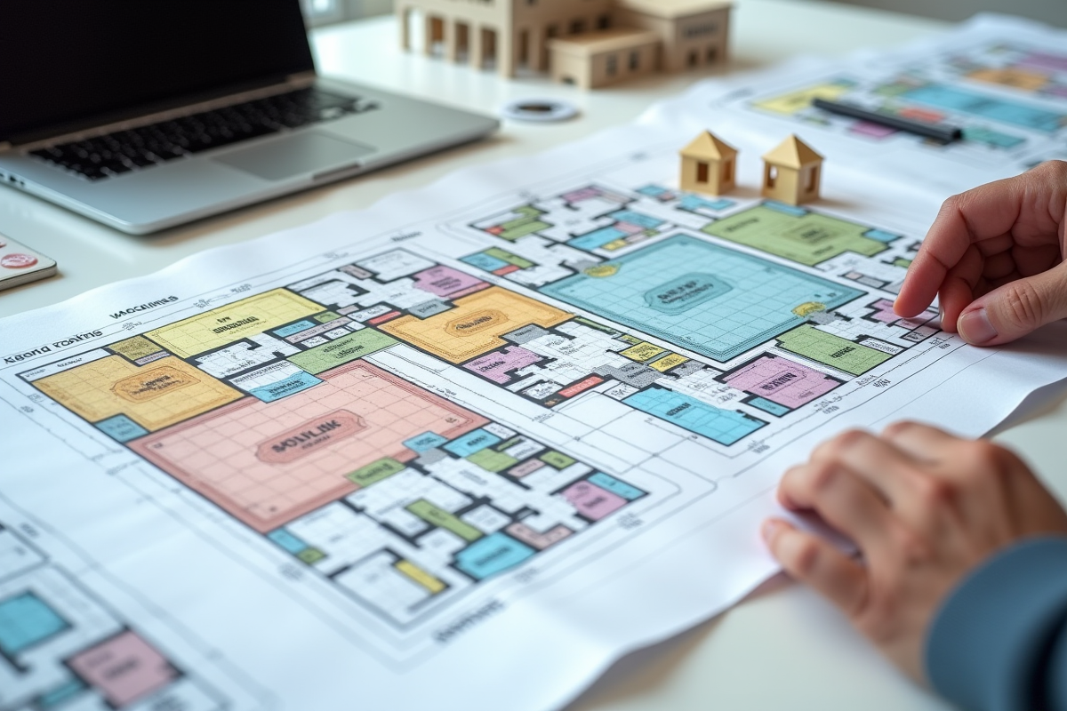 Plan architectural avec marquages de zonage et modèles