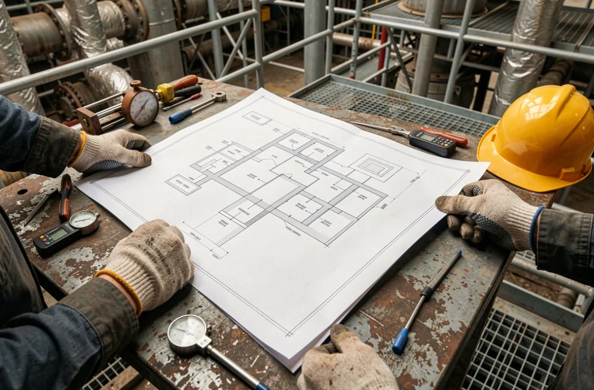 Deux travailleurs industriels examinant des plans techniques d'une installation de cogénération énergétique, symbolisant la coopération et l'innovation dans la décarbonation industrielle