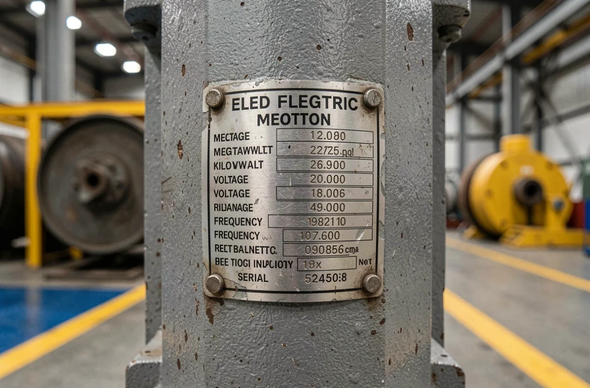 Plaque signalétique d'un moteur électrique industriel indiquant la puissance en mégawatts et kilowatts