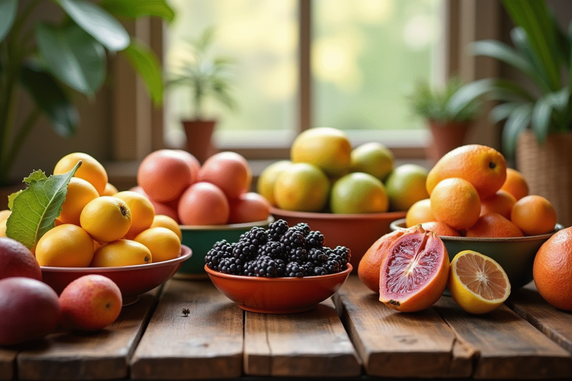 Table avec fruits exotiques commençant par E en bols colorés