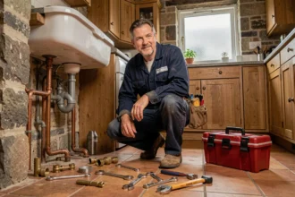 Plombier professionnel au travail sous un évier dans une maison normande typique, illustrant le métier de plombier en Normandie