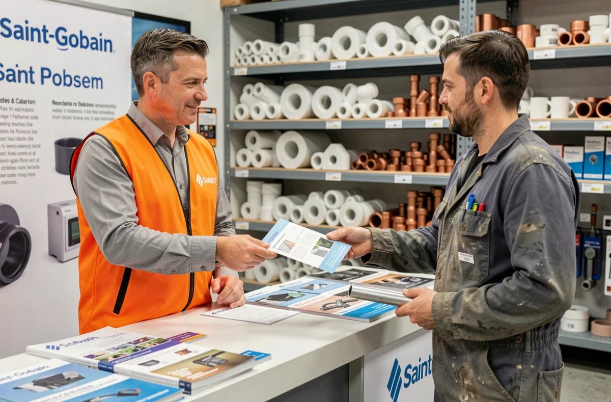 Représentant Point P remettant une fiche produit à un installateur référencé dans une agence Saint-Gobain en Normandie