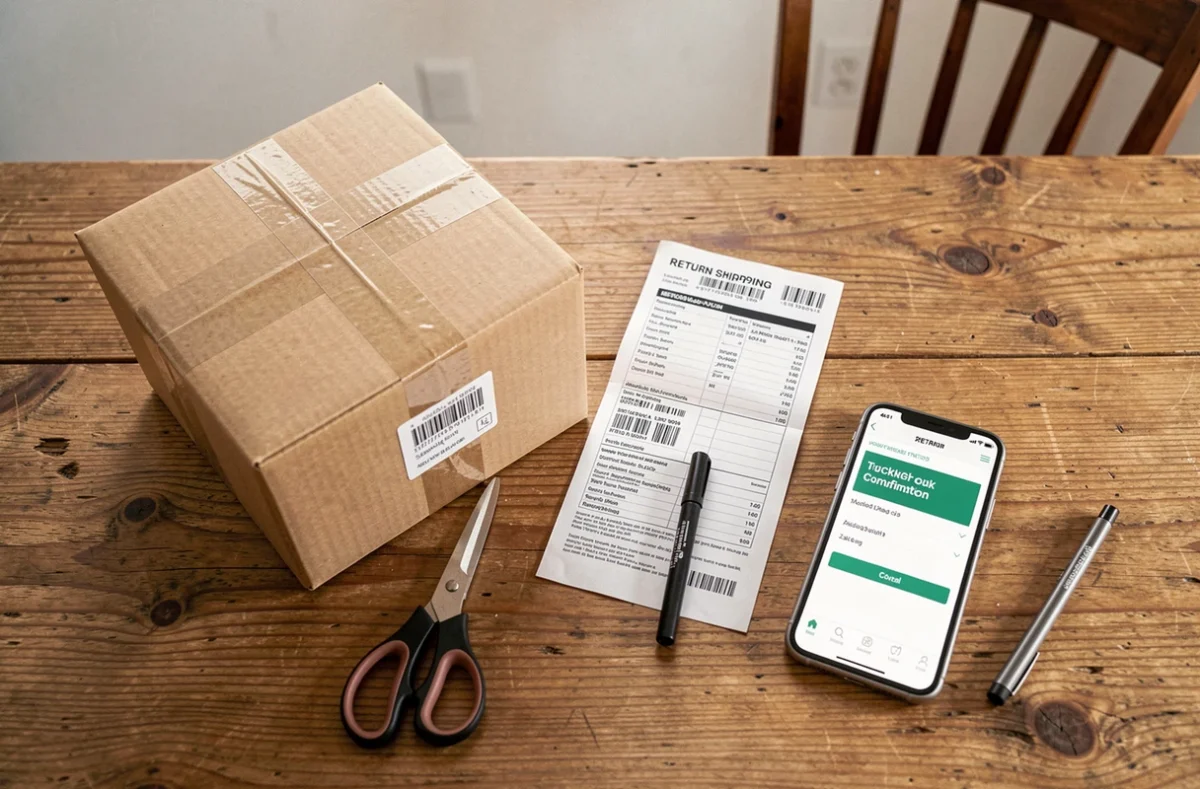 Préparation d'un retour colis à domicile avec étiquette, carton et smartphone sur une table en bois