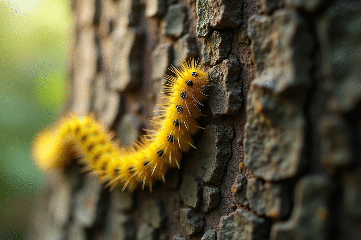 Gros plan de chenilles processionnaires sur l'écorce d'arbre