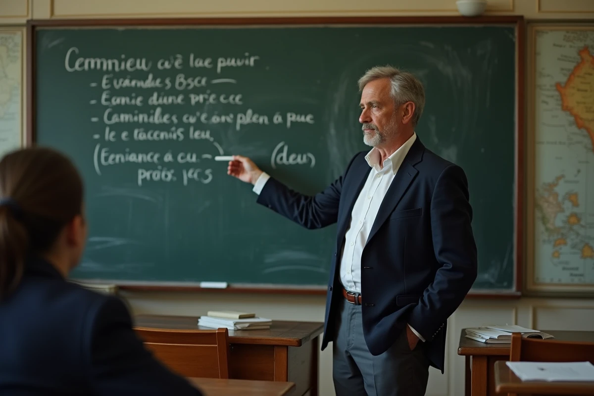 Professeur de littérature expliquant des didascalies au tableau dans une salle de classe française
