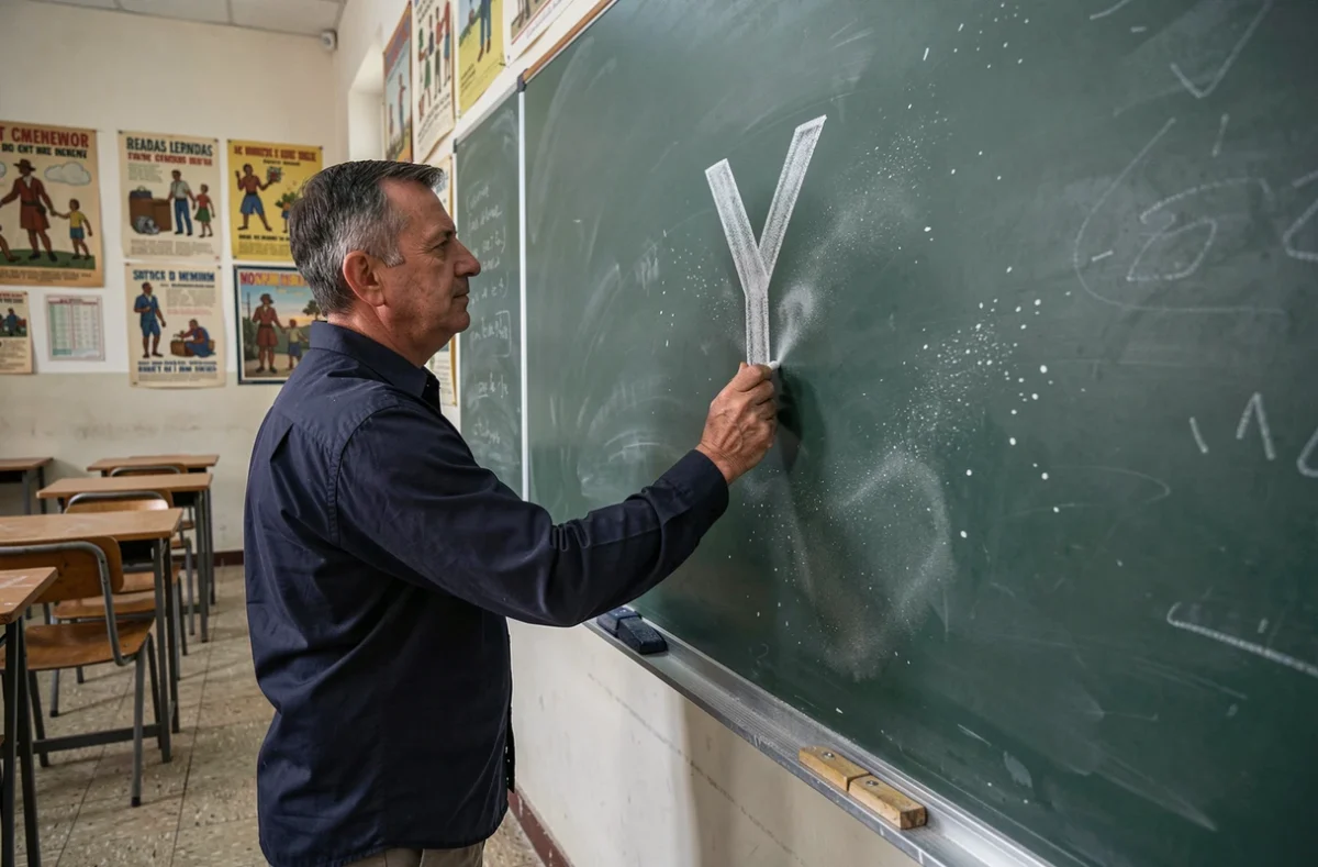 Enseignant écrivant la lettre Y majuscule à la craie sur un tableau vert dans une salle de classe