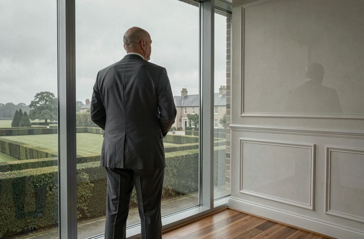 Homme chauve en costume sombre regardant par une grande fenêtre sur un domaine, symbole du Professeur X et de ses pouvoirs télépathiques