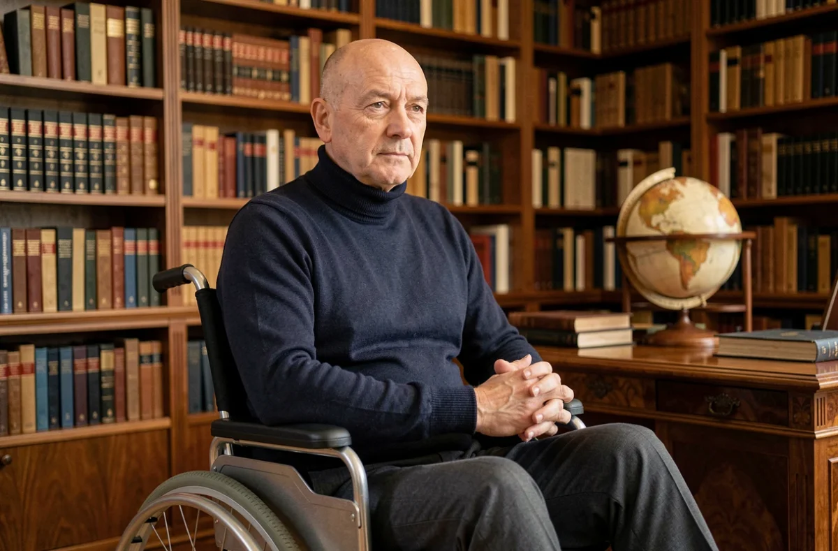 Portrait d'un homme chauve en fauteuil roulant dans une bibliothèque élégante, évoquant le Professeur X des X-Men