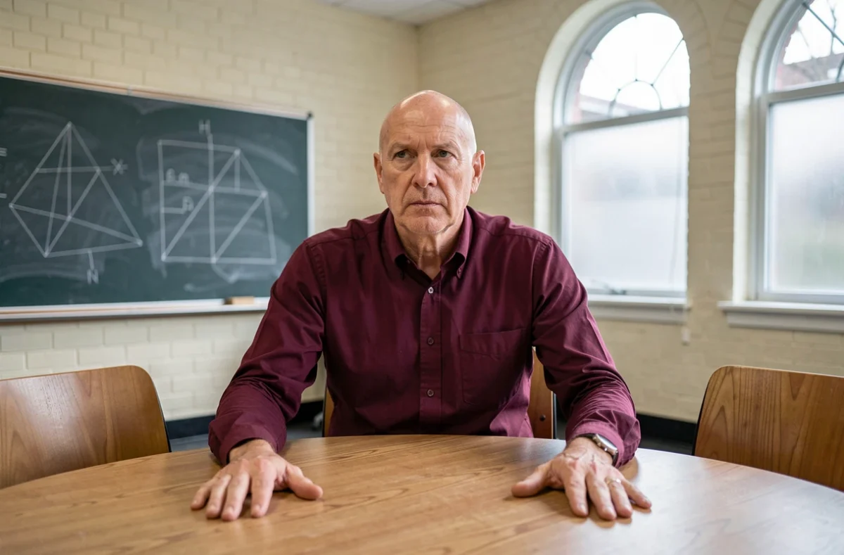 Professeur chauve assis dans une salle de séminaire universitaire, regard intense évoquant les pouvoirs télépathiques du Professeur X des X-Men