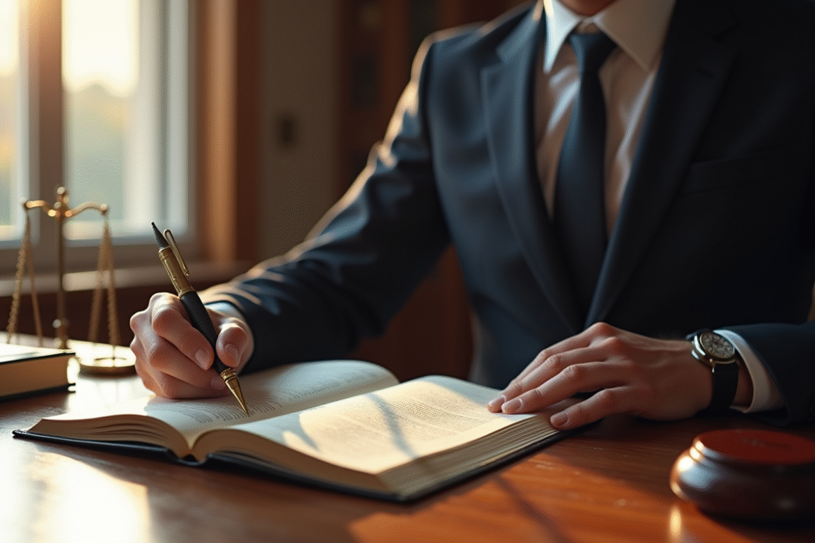 Professionnel en costume étudiant un livre de droit sur un bureau en bois