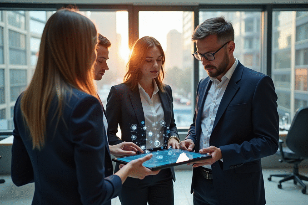 Professionnels en réunion avec une tablette blockchain