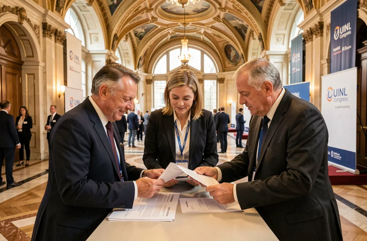 Professionnels du droit s'inscrivant au Congrès UINL Paris dans une salle de conférence parisienne élégante