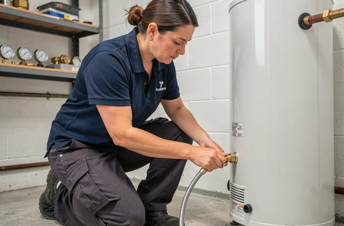 Technicienne Proxiserve raccordant un chauffe-eau dans une chaufferie en Normandie