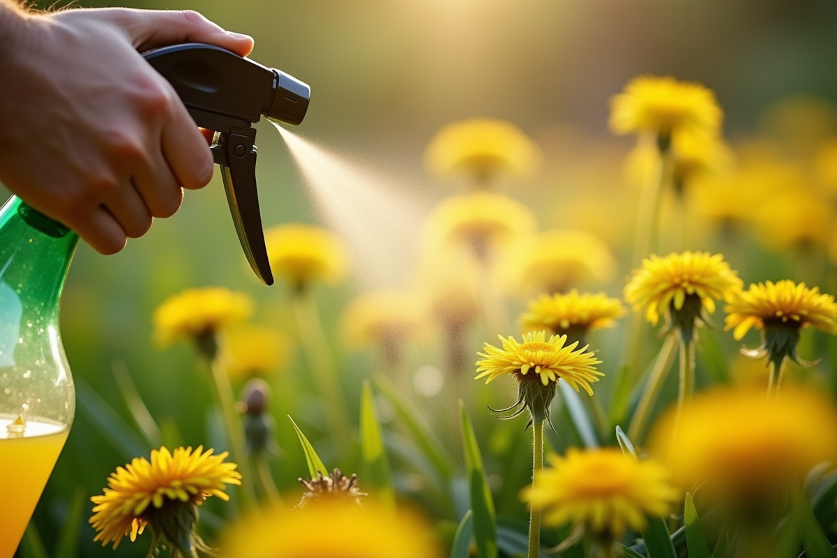 Vaporisateur pulvérisant du vinaigre sur des pissenlits dans un jardin luxuriant