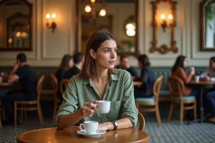 Femme réfléchissant à une question de grammaire française dans un café parisien