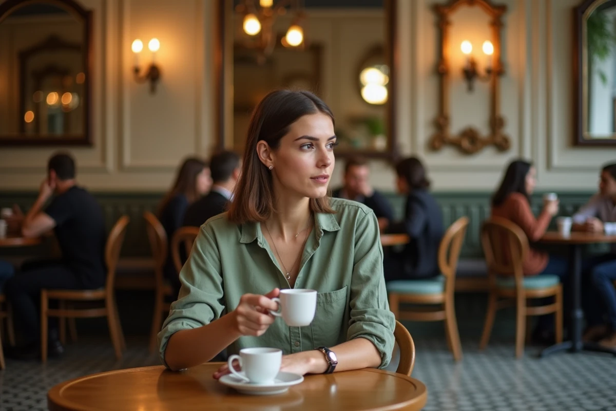 Femme réfléchissant à une question de grammaire française dans un café parisien
