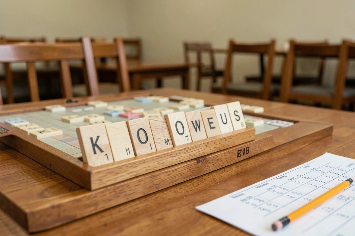 Rack de Scrabble avec les lettres K et O sur un plateau de tournoi avec feuille de score
