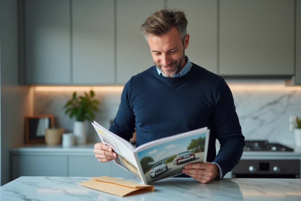 Homme tenant un magazine reçu par courrier dans une cuisine moderne, représentant la livraison d'un abonnement magazine