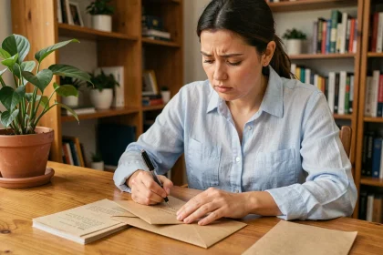 Femme rédigeant une adresse postale sur une enveloppe kraft pour un envoi urgent vers Port Louis, Maurice