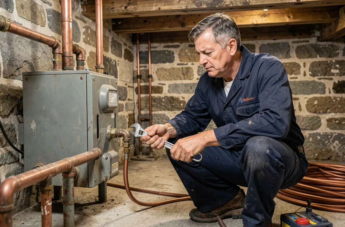 Artisan chauffagiste du réseau Habitat Piveteau raccordant une chaudière dans la cave d'une ferme normande