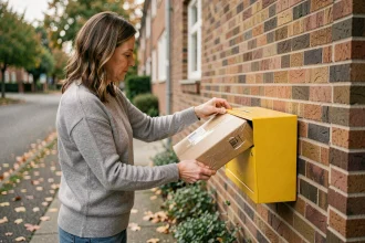 Femme déposant un colis de retour dans une boîte aux lettres résidentielle jaune devant un immeuble