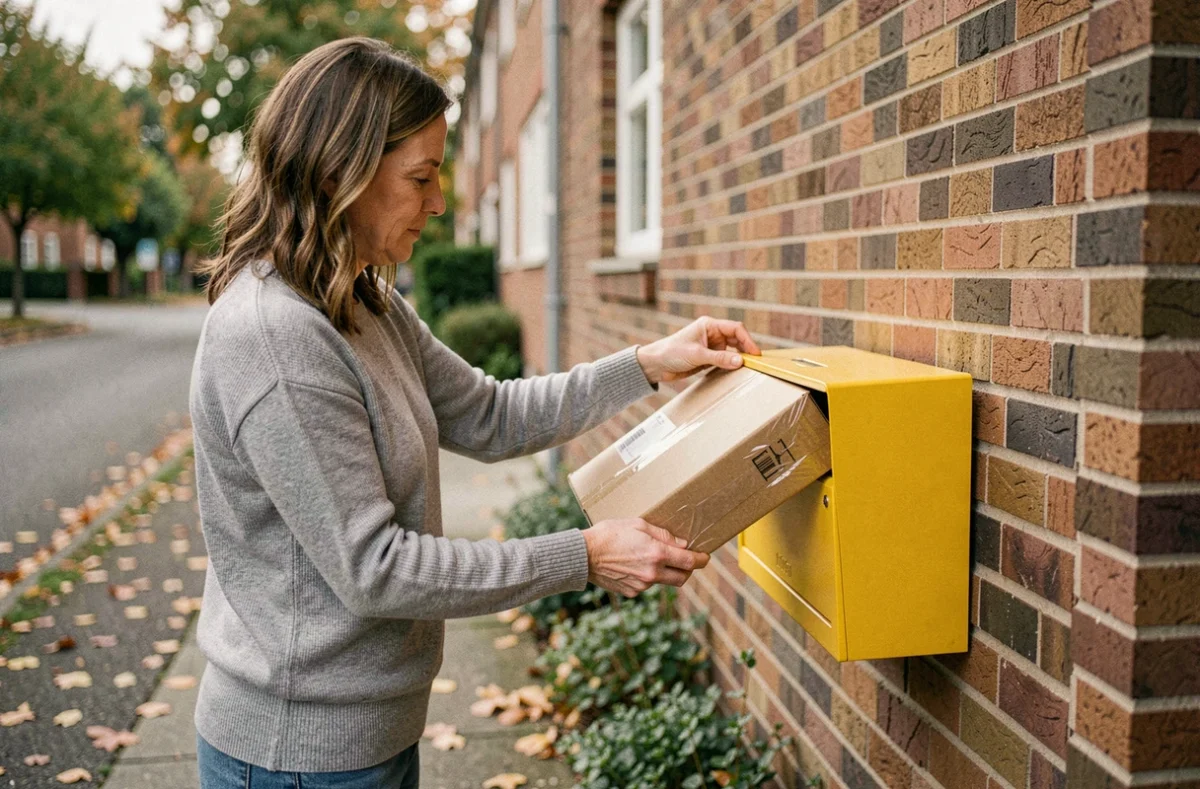 Femme déposant un colis de retour dans une boîte aux lettres résidentielle jaune devant un immeuble