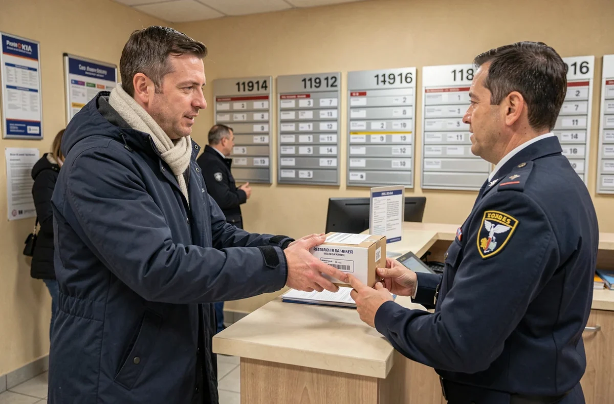 Homme remettant un colis de retour à un agent dans un bureau de poste français