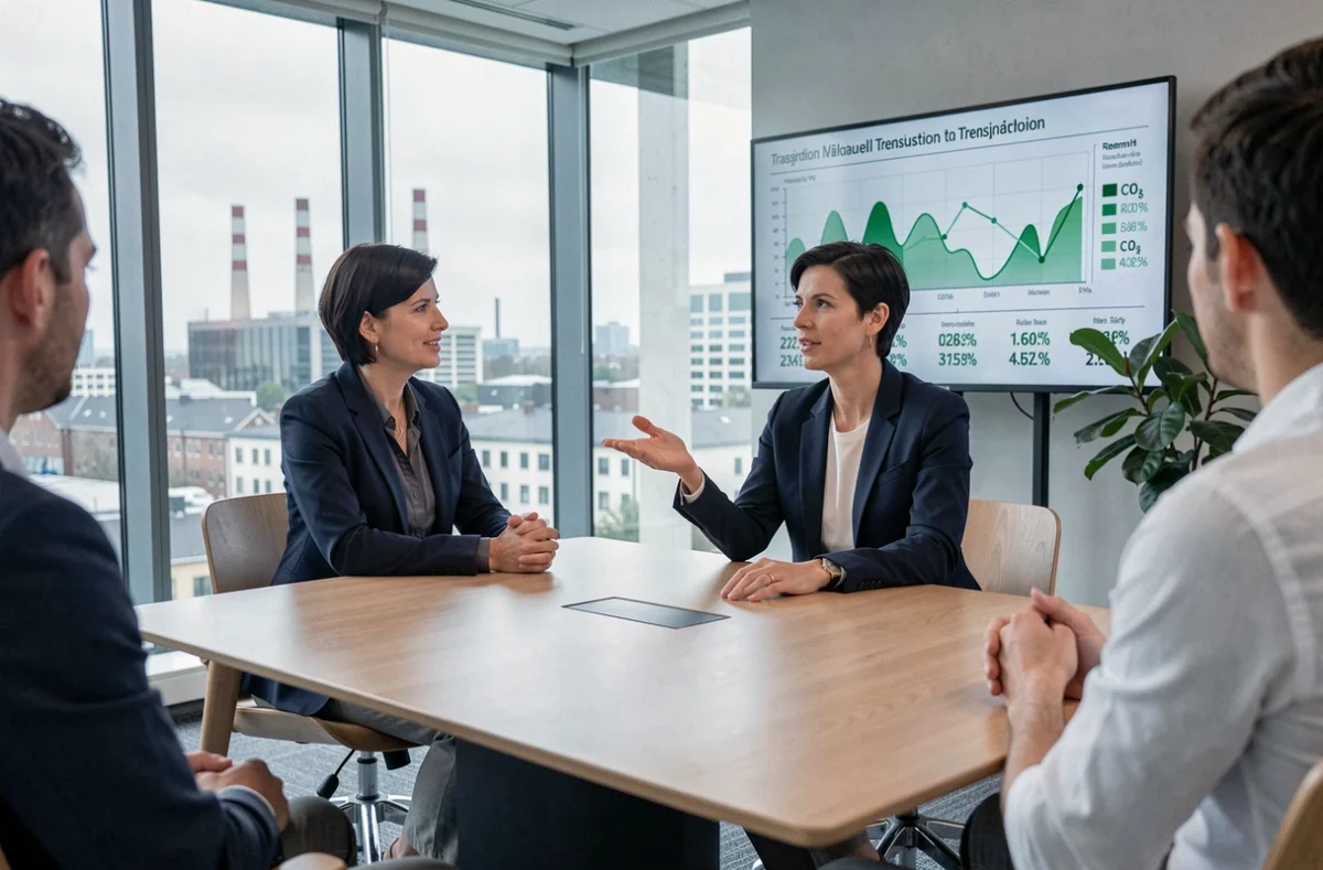 Réunion d'affaires autour de la transition énergétique et de la réduction des émissions de CO2, dans une salle de conférence moderne avec vue sur une zone industrielle urbaine