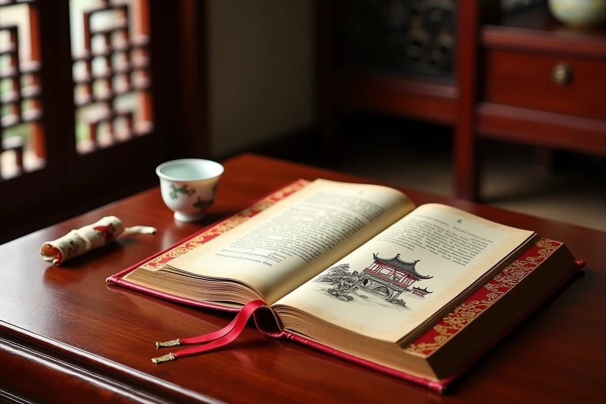 Une édition ornée du Rêve dans le pavillon rouge de Cao Xueqin sur une table laquée avec une tasse en porcelaine peinte