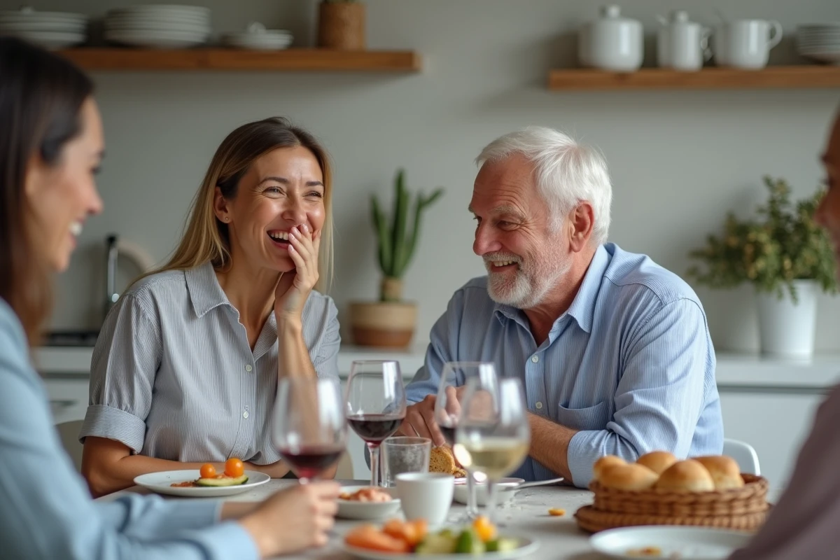 Femme éclatant de rire suite à une blague de beauf de son oncle lors d'un repas de famille dans une salle à manger moderne