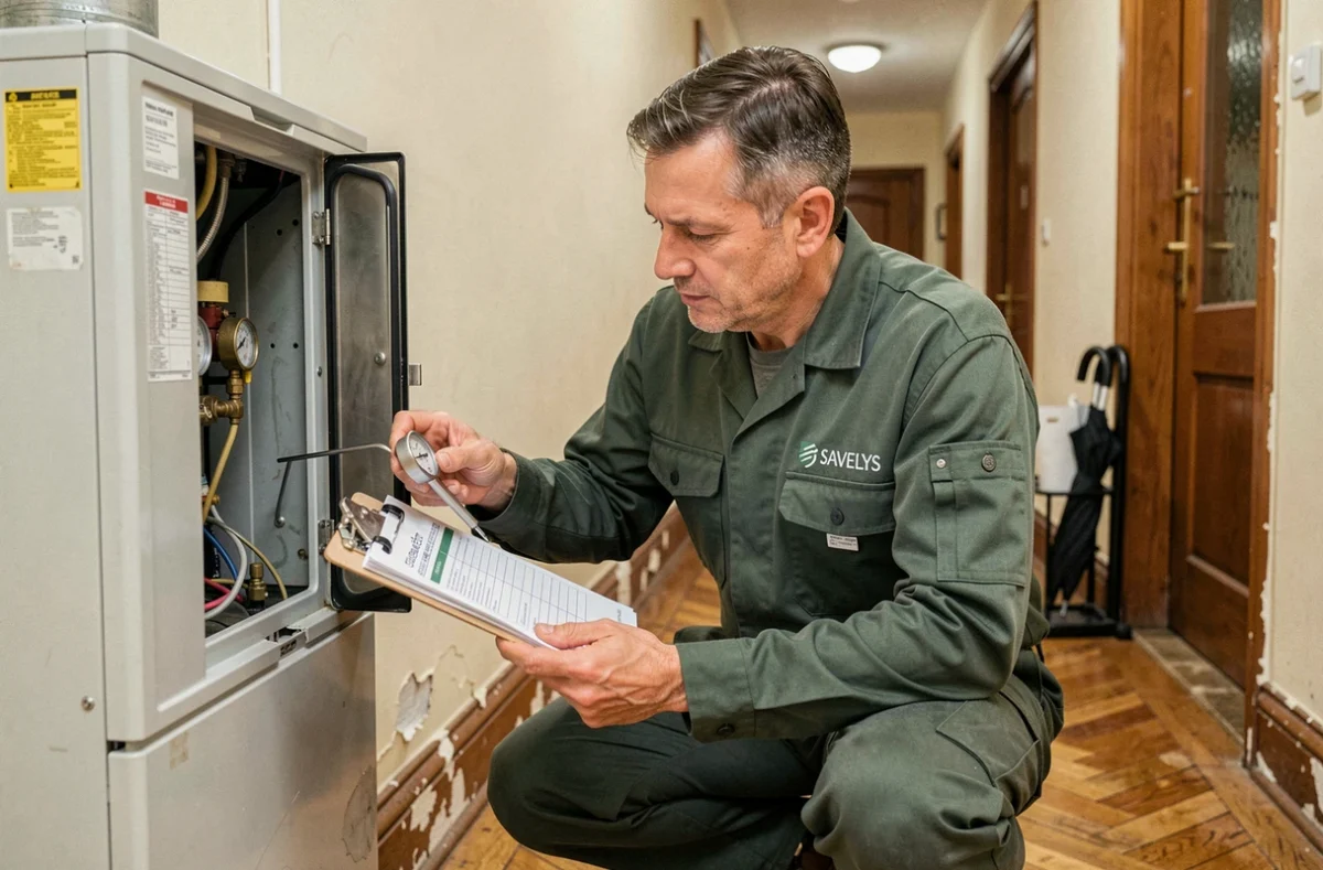 Technicien Savelys du groupe EDF effectuant la maintenance d'une chaudière dans un immeuble résidentiel normand