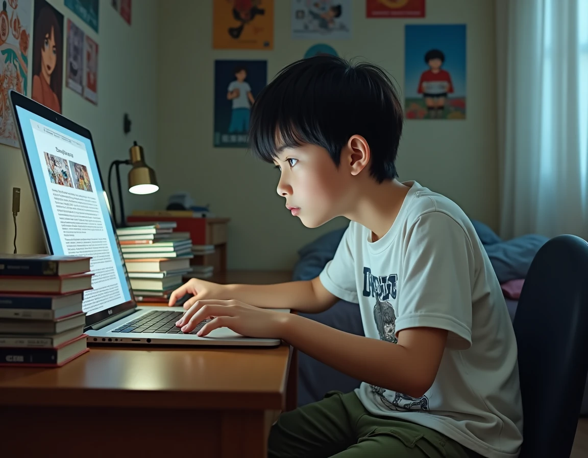 Adolescent lisant One Piece en scan sur ordinateur portable avec des tomes reliés empilés sur le bureau dans une chambre d'étudiant