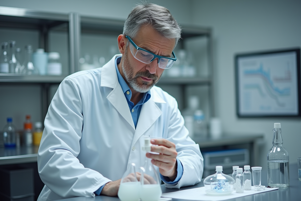 Chercheur en laboratoire examinant un échantillon de silicone