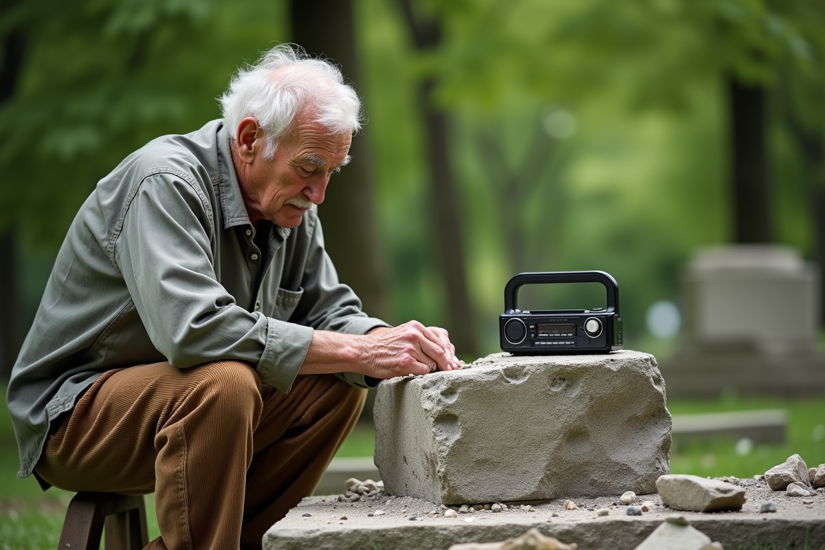 Sculpteur âgé sculptant une pierre dans un parc verdoyant