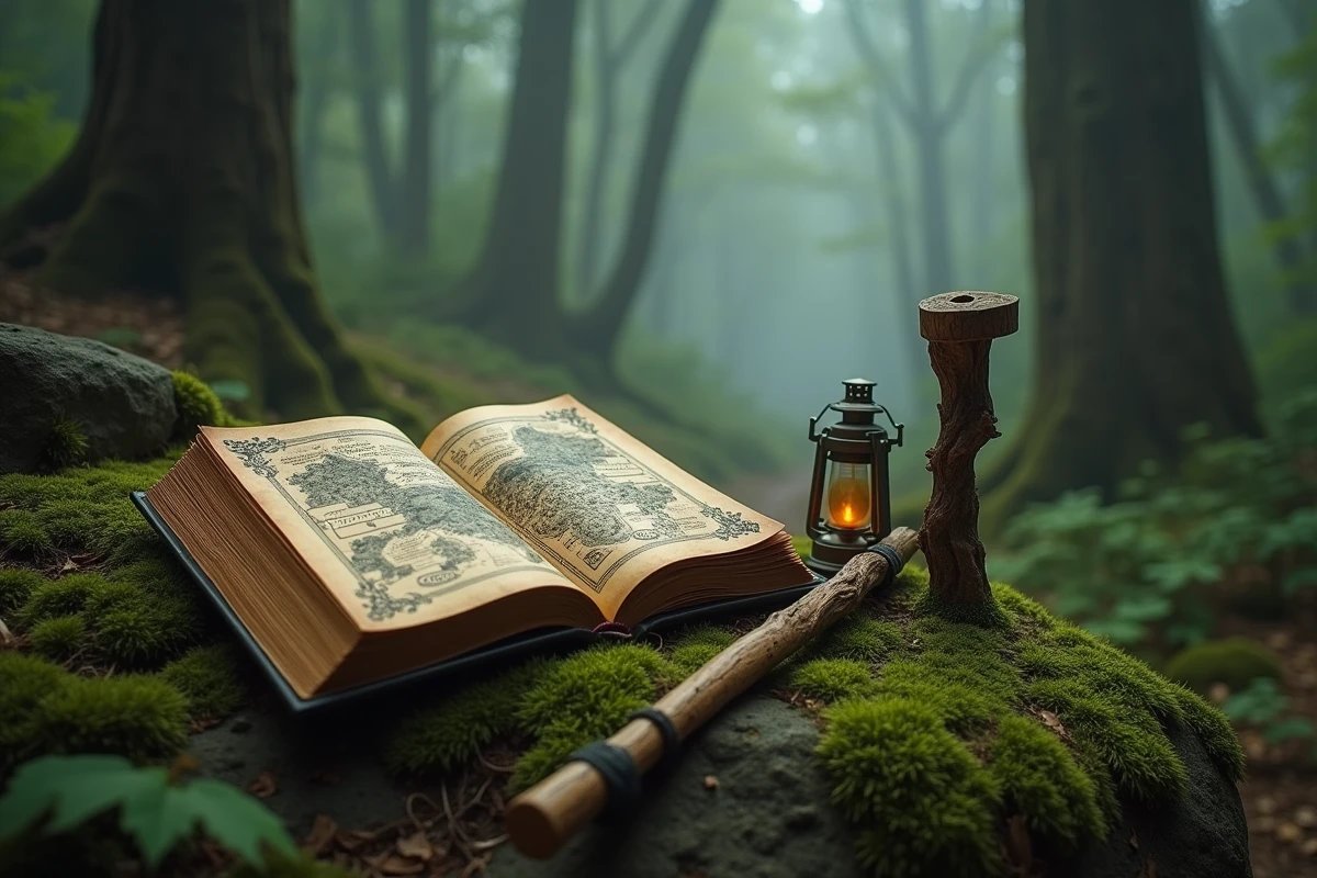 Un exemplaire du Seigneur des Anneaux de Tolkien ouvert sur un rocher moussu dans une forêt brumeuse avec un bâton de marche
