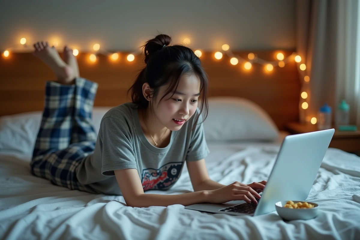 Jeune femme allongée sur son lit lisant One Punch Man scantrad en VF sur ordinateur portable avec des snacks