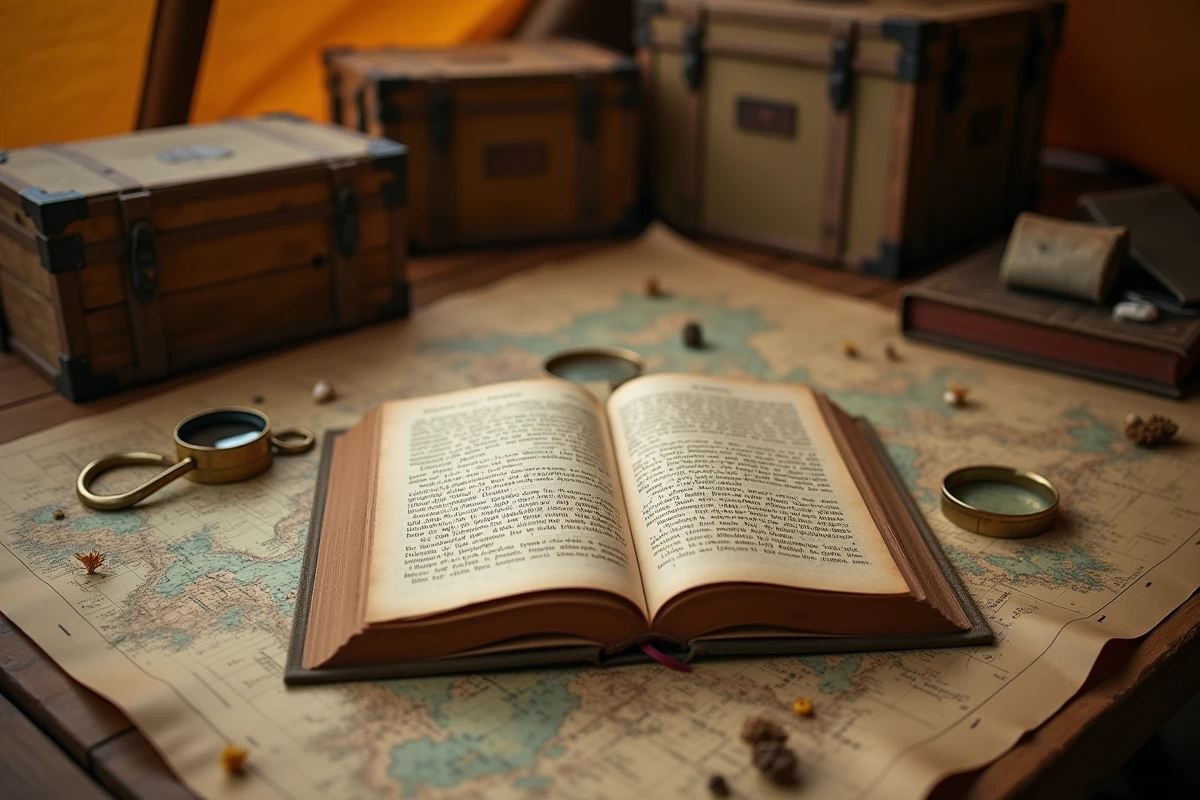 She de H. Rider Haggard ouvert sur une carte d'expédition avec une boussole en laiton et une loupe dans une tente de camp