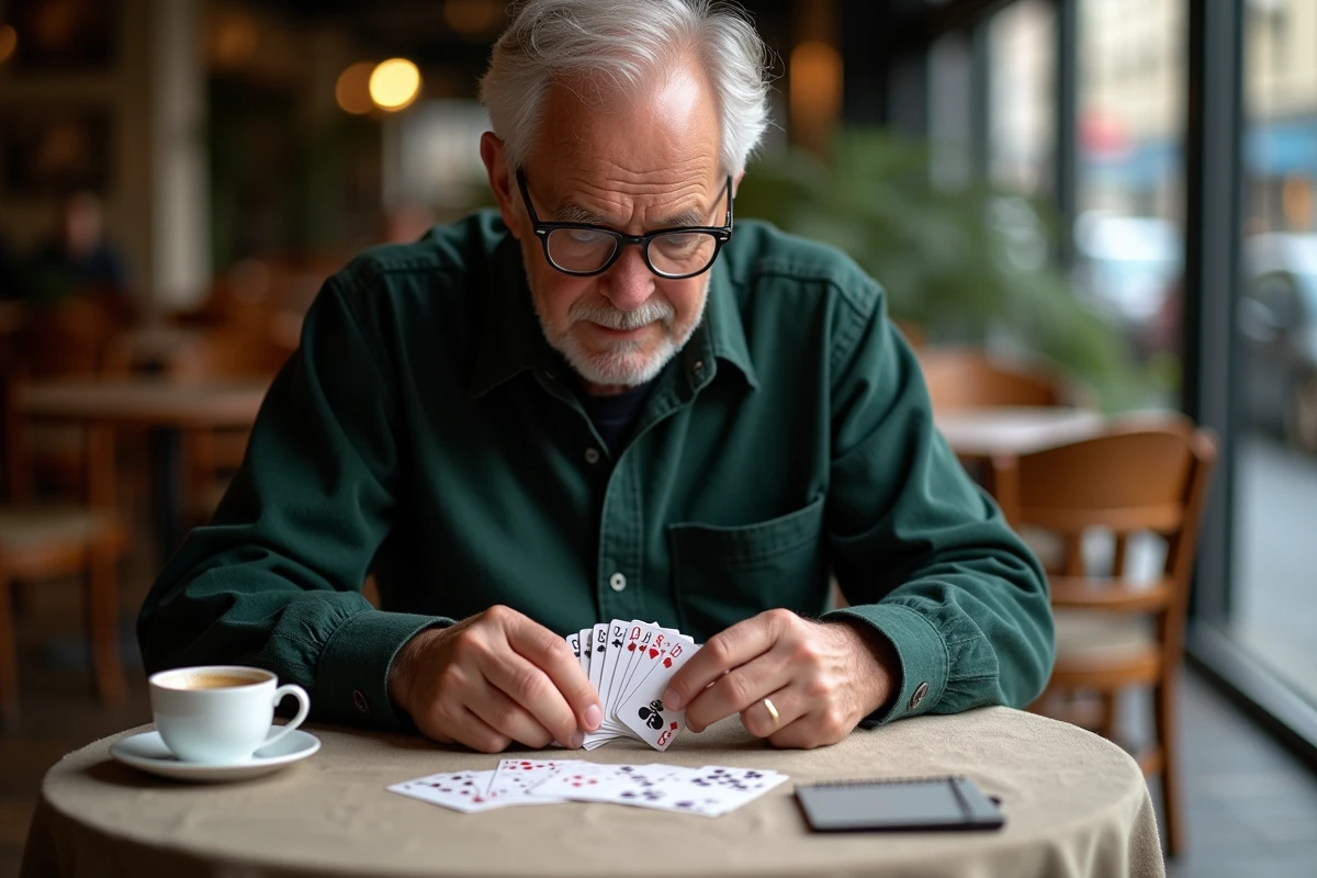 Un homme d'une cinquantaine d'années analysant ses cartes de belote dans un café, avec un carnet de stratégie posé sur la table