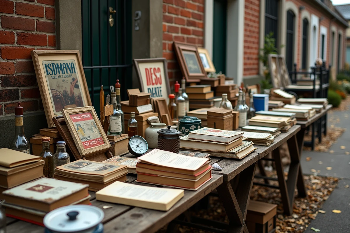Table de braderie couverte d'objets vintage et de brocante dans une rue de quartier du Nord de la France