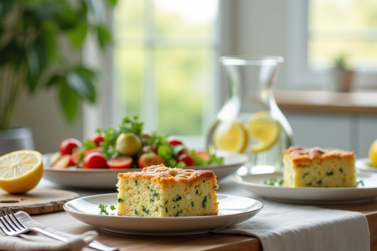 Partage de gâteau de courgette et feta avec salade en cuisine lumineuse