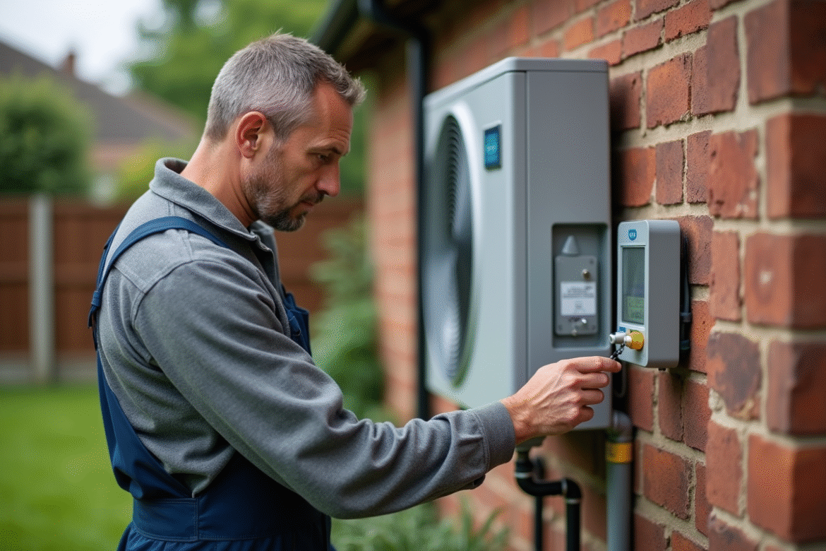 Homme en overalls inspectant une pompe à chaleur extérieure